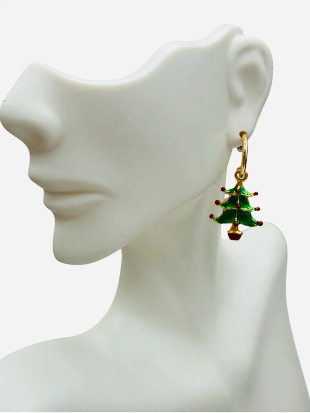 Vintage Christmas Tree Hoop Dangle Earrings- Red & Green Enameled Trees on Gold